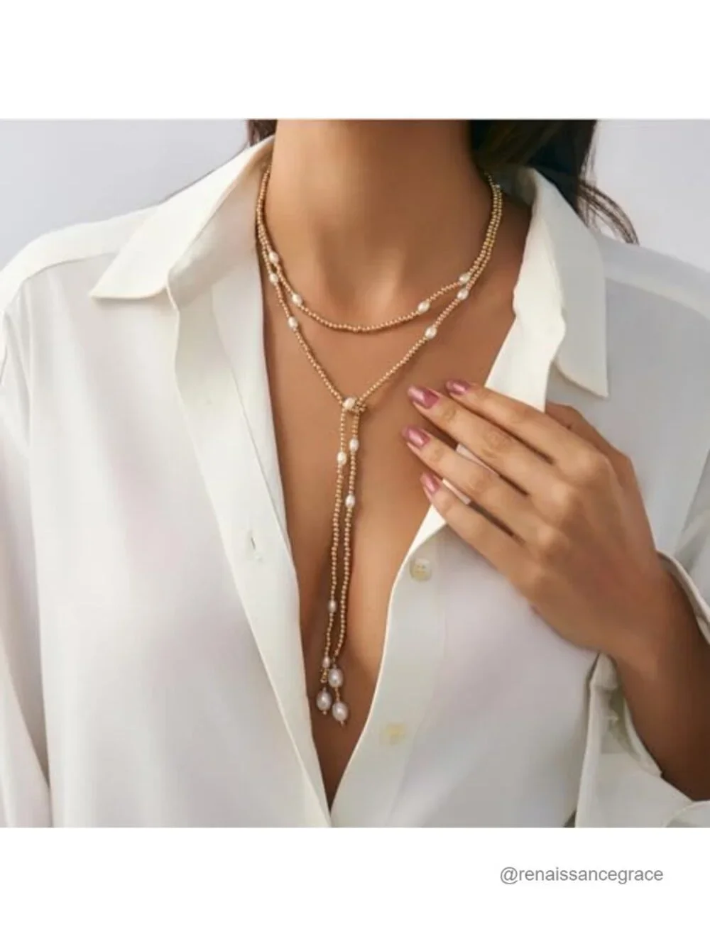 Dainty Long Pearl Lariat Necklace, Y-Shaped Wrap Chain, Layered Turquoise